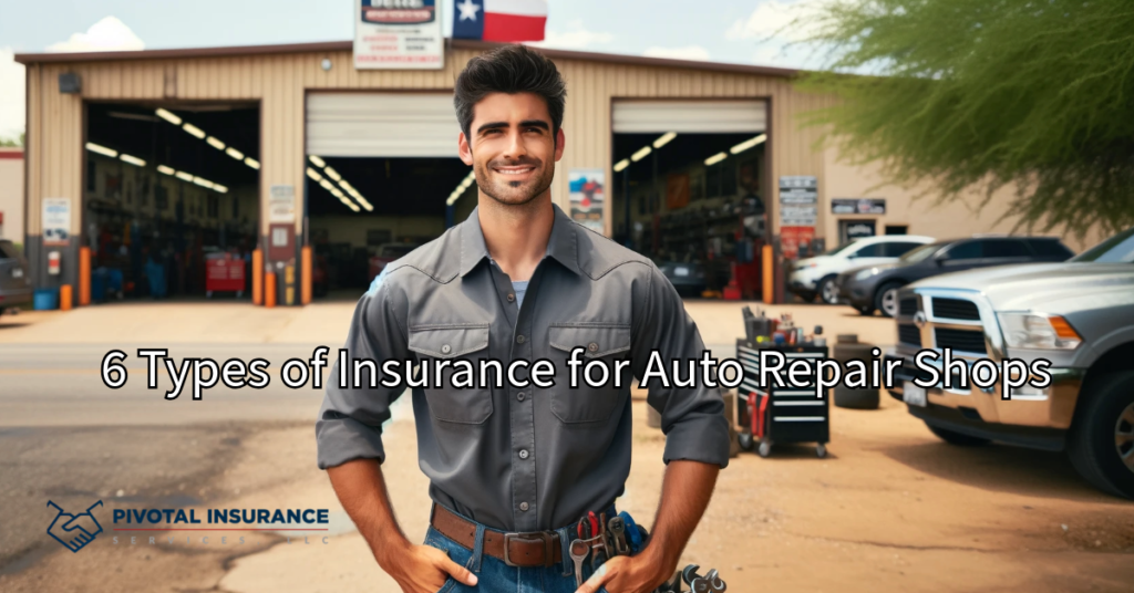 Proud auto repair shop owner standing outside a large, bustling auto repair shop in Central Texas. The owner is wearing a work shirt with rolled-up sleeves and stands confidently in front of multiple garage bays with tools and cars visible. A securely mounted Texas flag waves above the shop, set against a warm, dry landscape with cacti.