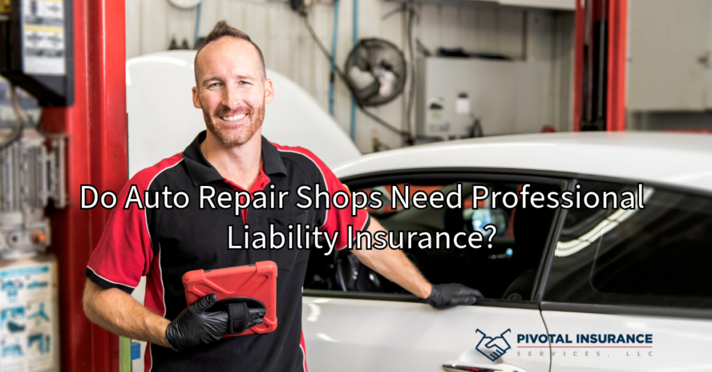 A smiling auto mechanic holding a diagnostic tablet while standing beside a car in a repair shop, with the Pivotal Insurance logo in the lower right corner.
